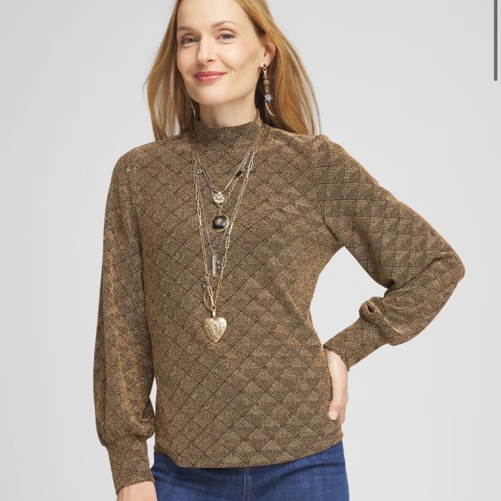 Chico's Textured Gold Mock-Neck Top size 3